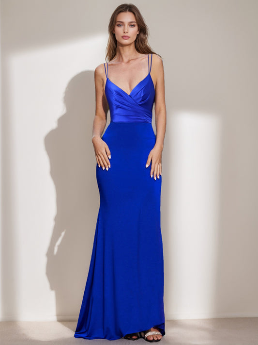 Trumpet/Mermaid Spaghetti Straps Floor-Length Ruched Formal Dresses with Ruffles