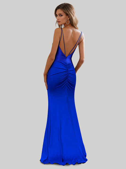 Trumpet/Mermaid Spaghetti Straps Floor-Length Ruched Formal Dresses with Ruffles