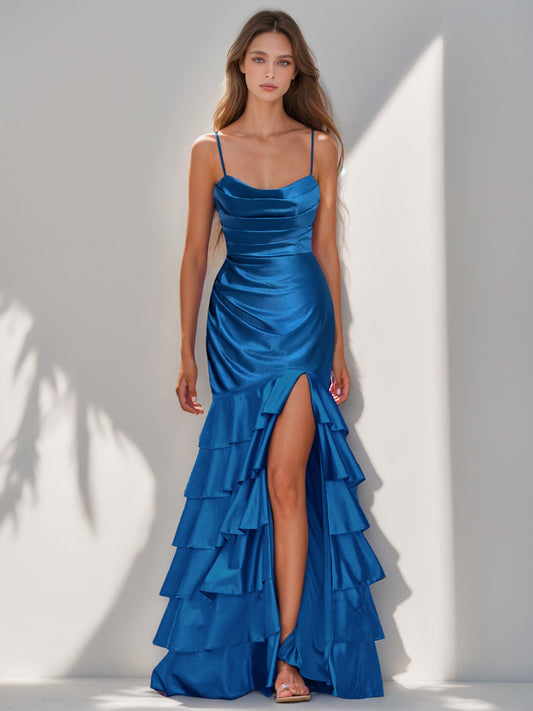 Trumpet/Mermaid Spaghetti Straps Ruched Asymmetrical Evening Dresses with Tiered Ruffles