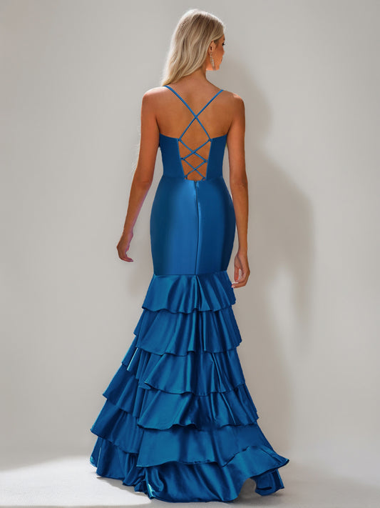 Trumpet/Mermaid Spaghetti Straps Ruched Asymmetrical Evening Dresses with Tiered Ruffles