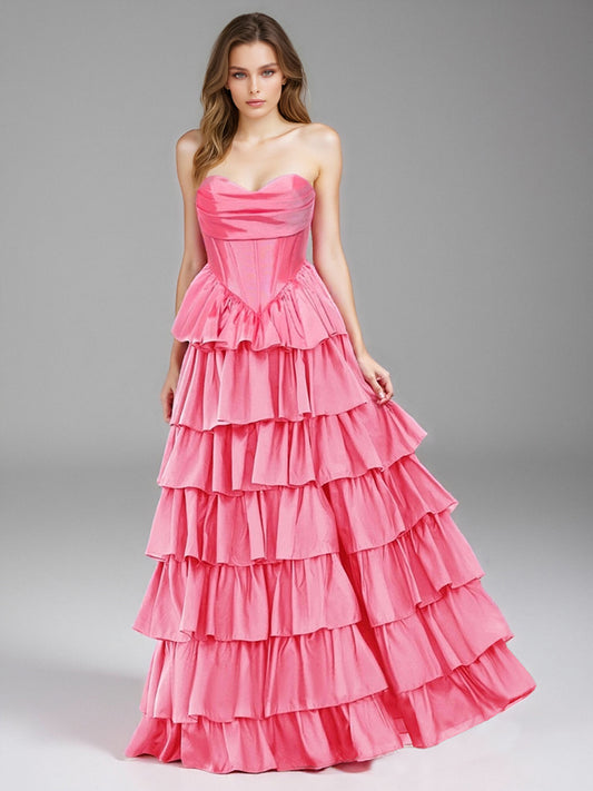 A-Line/Princess Strapless Ruched Floor-Length Prom Dresses with Tiered Ruffles