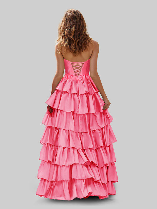 A-Line/Princess Strapless Ruched Floor-Length Prom Dresses with Tiered Ruffles