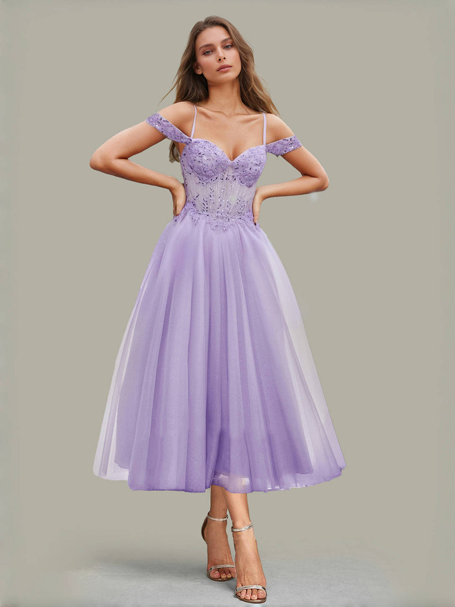 A-Line Cold Shoulder Tea-Length Sequined Prom Dresses with Appliques & Beadings