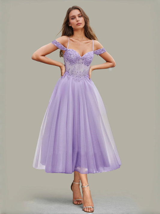 A-Line Cold Shoulder Tea-Length Sequined Prom Dresses with Appliques & Beadings