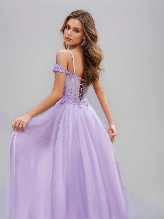 A-Line Cold Shoulder Tea-Length Sequined Prom Dresses with Appliques & Beadings