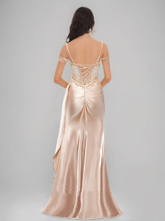 Sheath/Column Cold Shoulder Sleeveless Long Formal Dresses with Beadings & Split Side