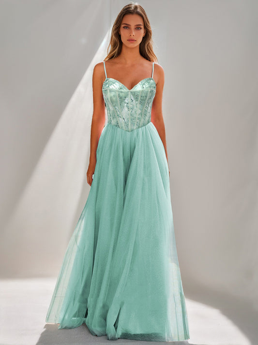 A-Line/Princess Straps Sleeveless Floor-Length Prom Dresses with Lace Appliques
