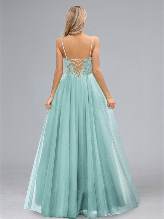 A-Line/Princess Straps Sleeveless Floor-Length Prom Dresses with Lace Appliques