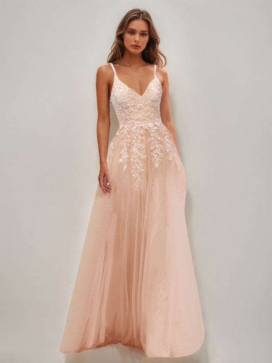 A-Line/Princess Straps Tulle Long Luxurious Cocktail Dresses with Lace Appliques