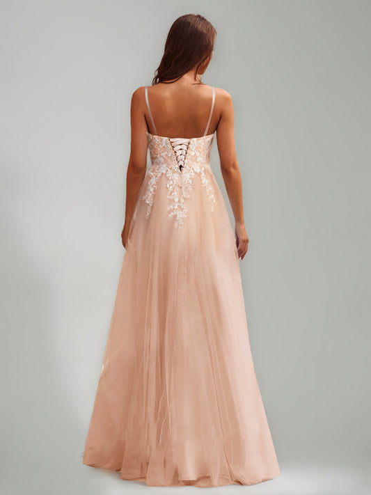 A-Line/Princess Straps Tulle Long Luxurious Cocktail Dresses with Lace Appliques