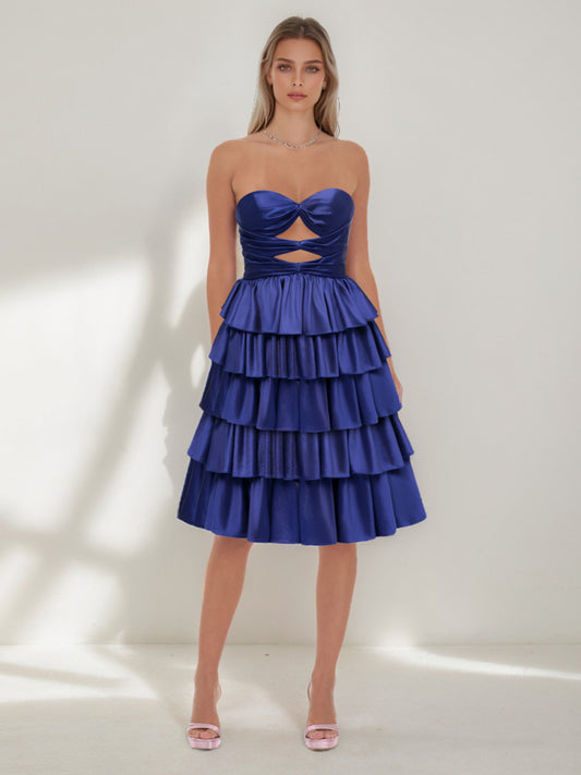 Ball Gown Strapless Sleeveless Ruched Tea-Length Prom Dresses with Cut-out & Tiered Ruffles