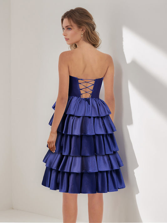 Ball Gown Strapless Sleeveless Ruched Tea-Length Prom Dresses with Cut-out & Tiered Ruffles