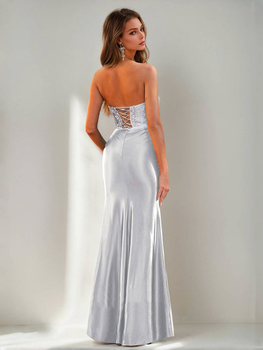 Sheath/Column Strapless Floor-Length Prom Dresses with Rhinestones & Split Side