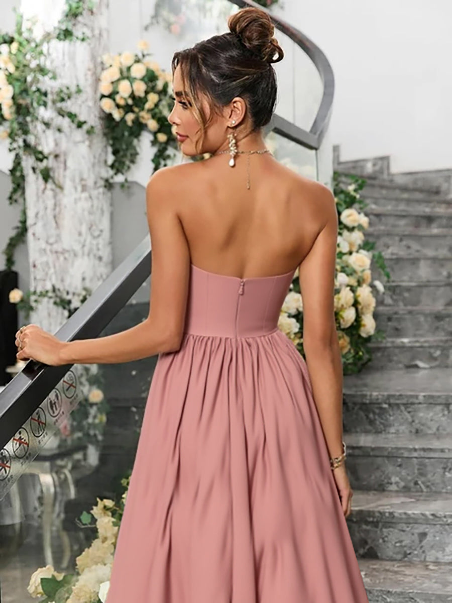 A-Line Sweetheart Sleeveless Ruched Tea-Length Prom Dresses with Pleats