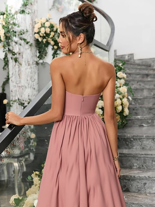A-Line Sweetheart Sleeveless Ruched Tea-Length Prom Dresses with Pleats