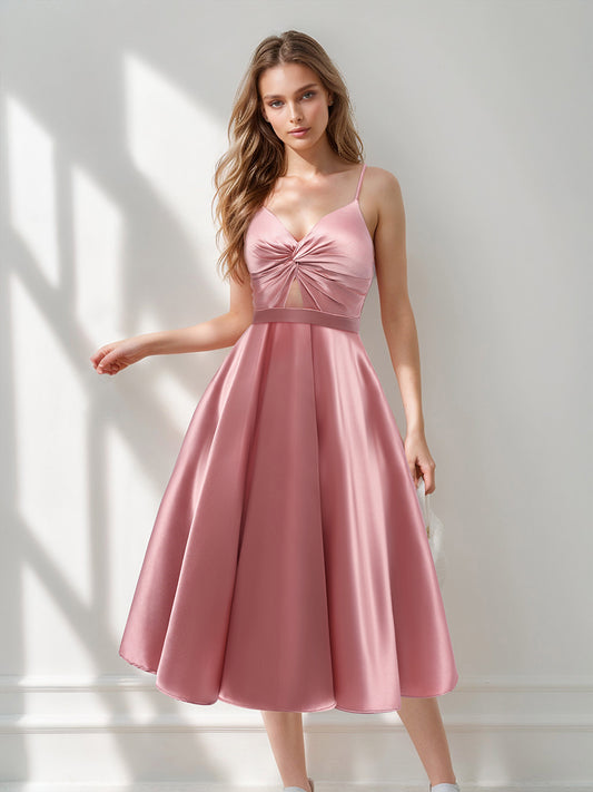 A-Line V-Neck Straps Sleeveless Ruched Tea-Length Prom Dresses with Belt & Pleats