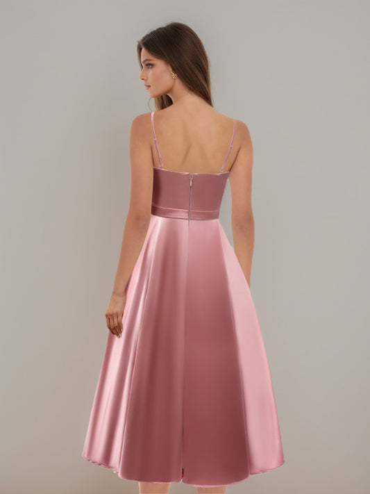 A-Line V-Neck Straps Sleeveless Ruched Tea-Length Prom Dresses with Belt & Pleats