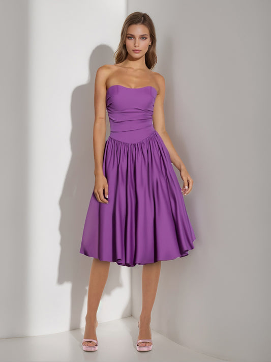 A-Line Strapless Sleeveless Ruched Tea-Length Simple Cocktail Dresses with Pleats