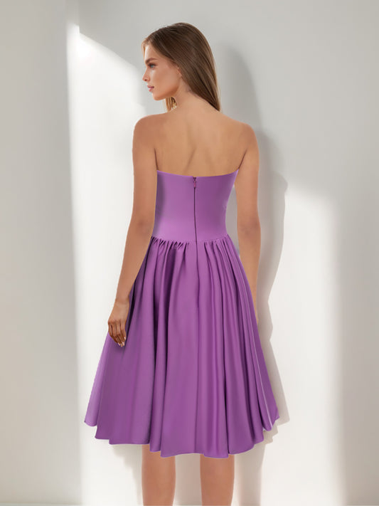A-Line Strapless Sleeveless Ruched Tea-Length Simple Cocktail Dresses with Pleats