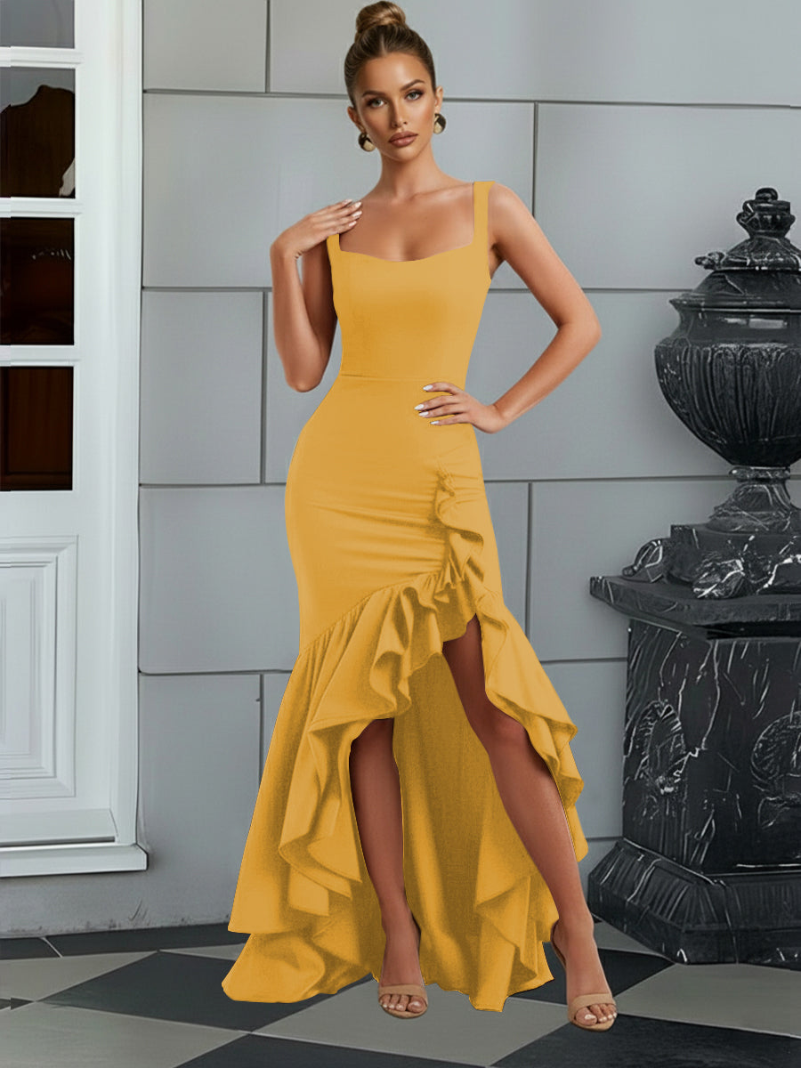Bodycon Spaghetti Strap Maxi Prom Dresses with Ruffle Slit
