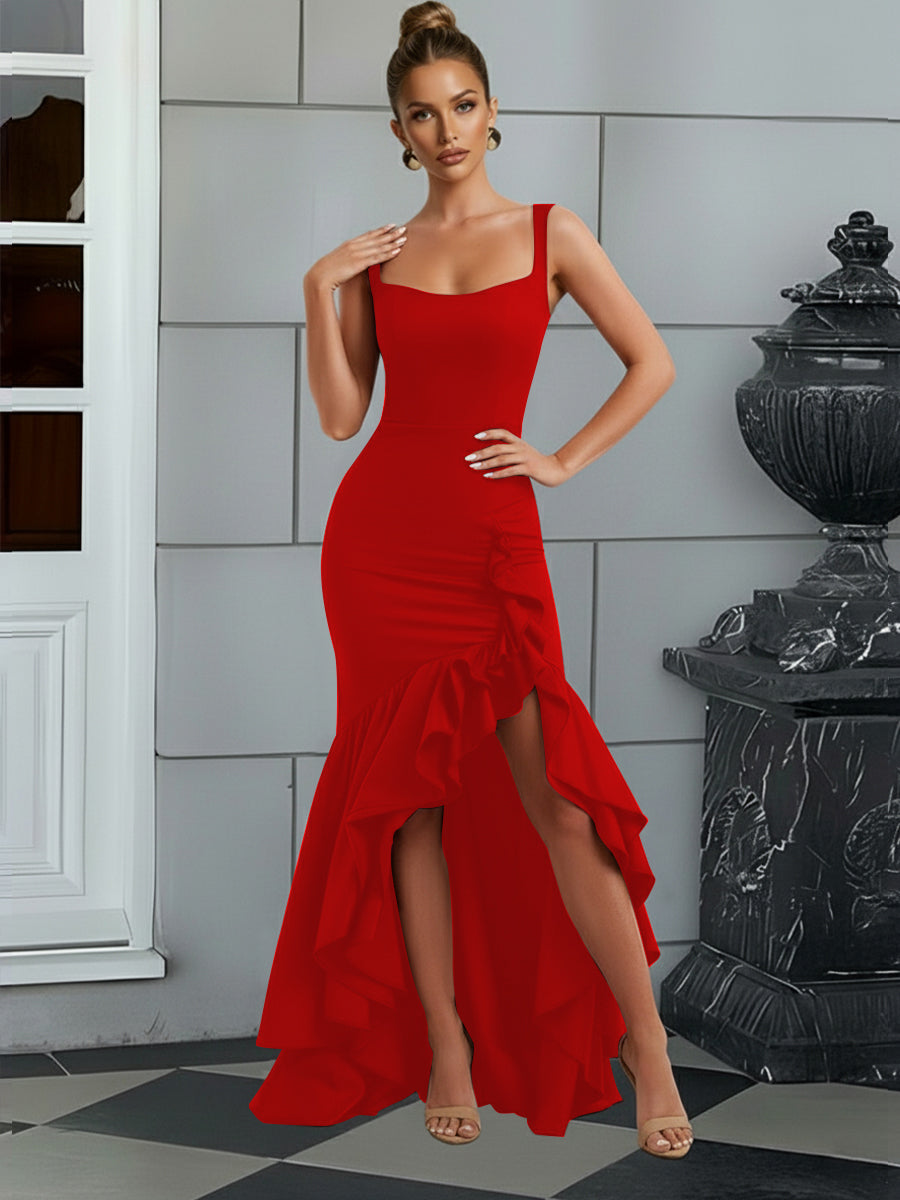 Bodycon Spaghetti Strap Maxi Prom Dresses with Ruffle Slit