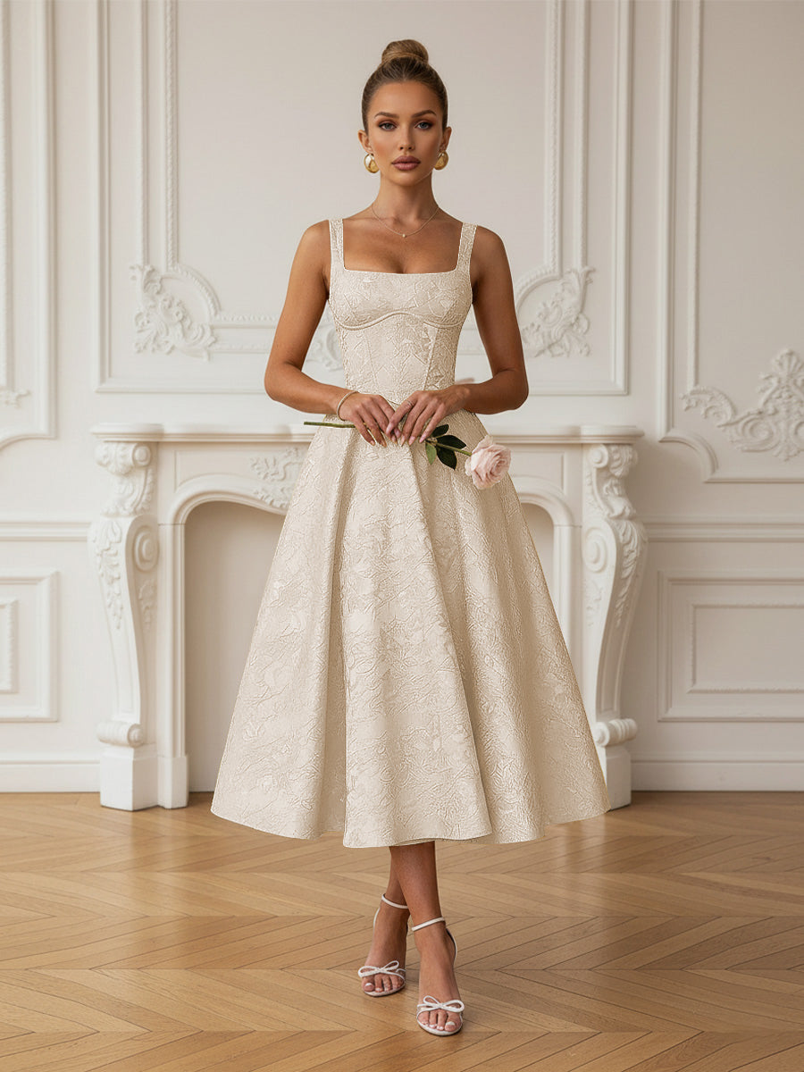 Vintage Spaghetti Strap Midi Prom Dresses with Floral Jacquard