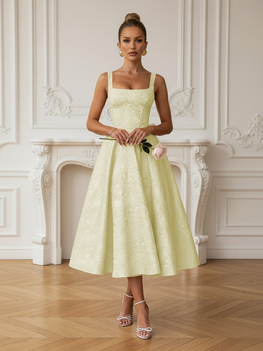 Vintage Spaghetti Strap Midi Prom Dresses with Floral Jacquard