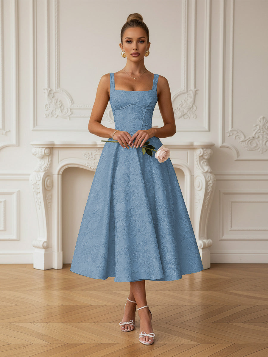 Vintage Spaghetti Strap Midi Prom Dresses with Floral Jacquard