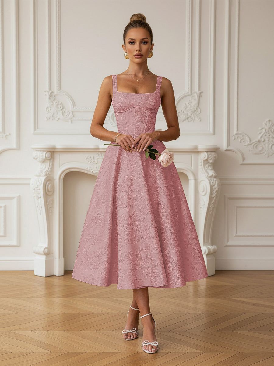 Vintage Spaghetti Strap Midi Prom Dresses with Floral Jacquard