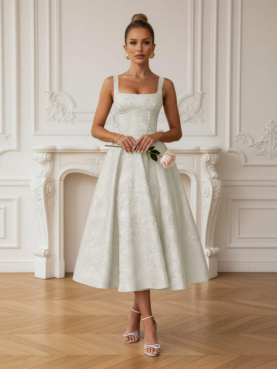 Vintage Spaghetti Strap Midi Prom Dresses with Floral Jacquard