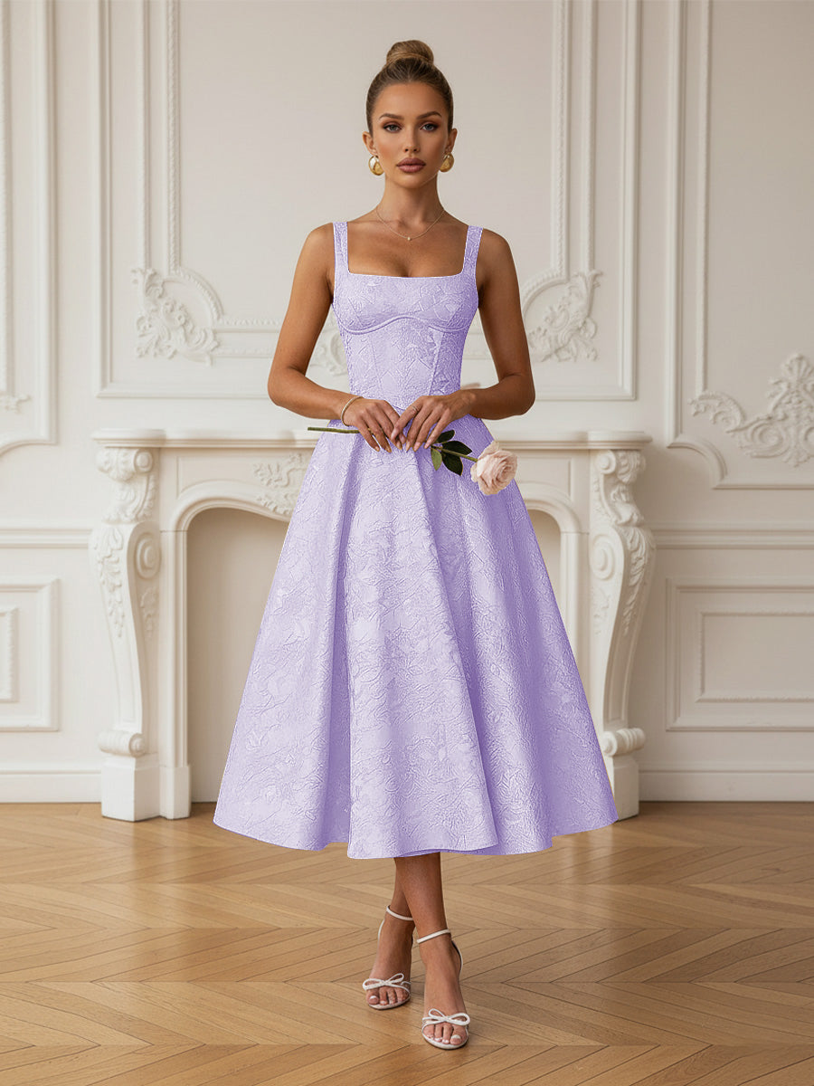 Vintage Spaghetti Strap Midi Prom Dresses with Floral Jacquard