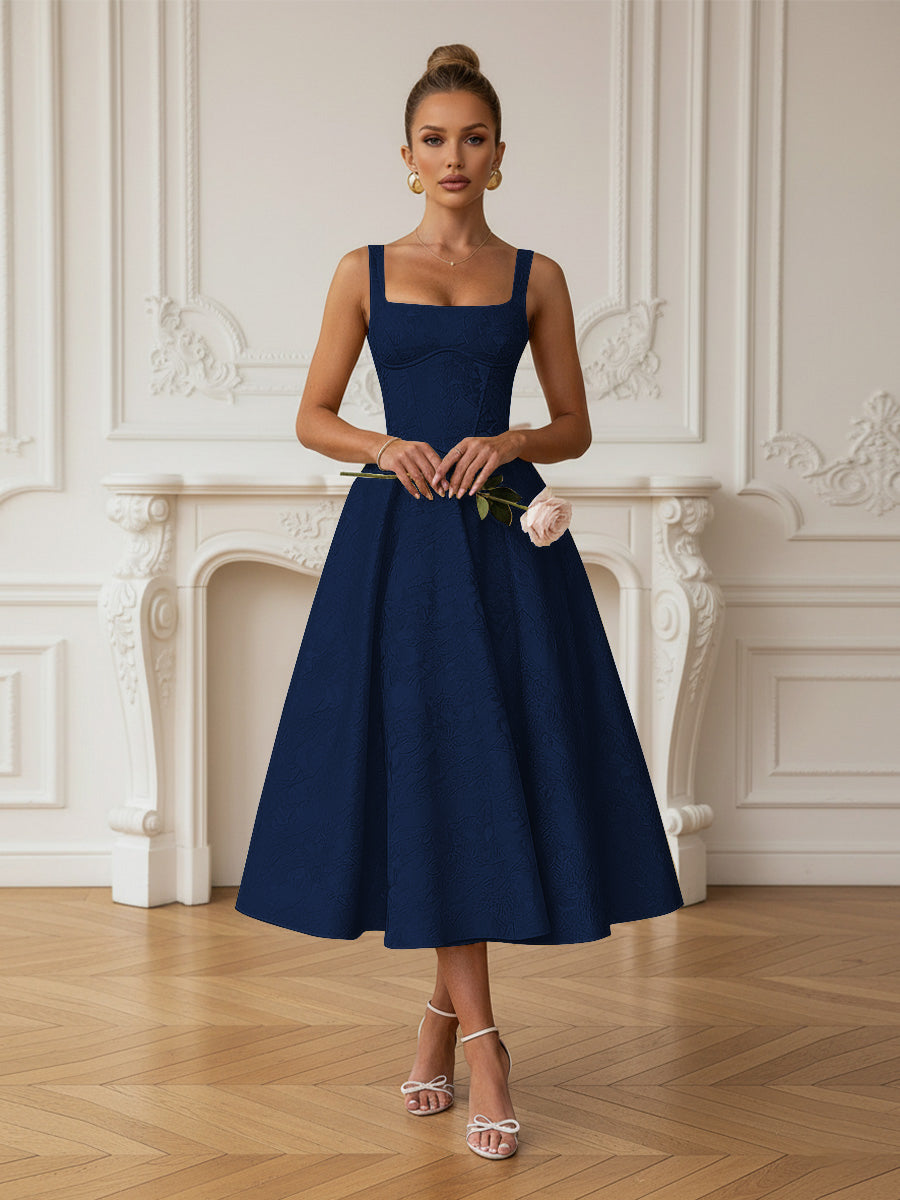 Vintage Spaghetti Strap Midi Prom Dresses with Floral Jacquard