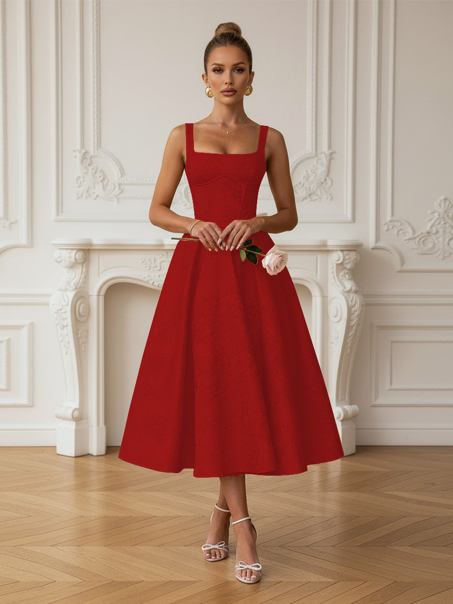 Vintage Spaghetti Strap Midi Prom Dresses with Floral Jacquard