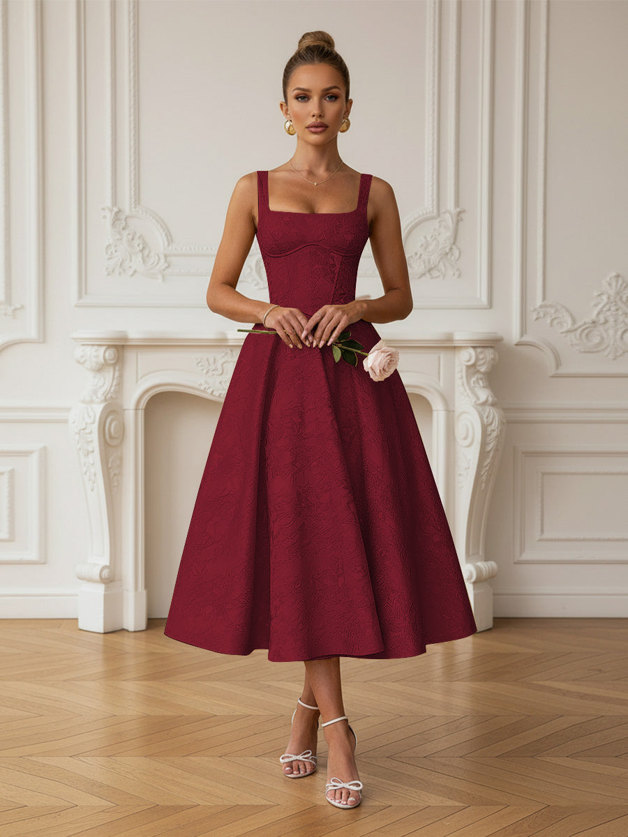 Vintage Spaghetti Strap Midi Prom Dresses with Floral Jacquard