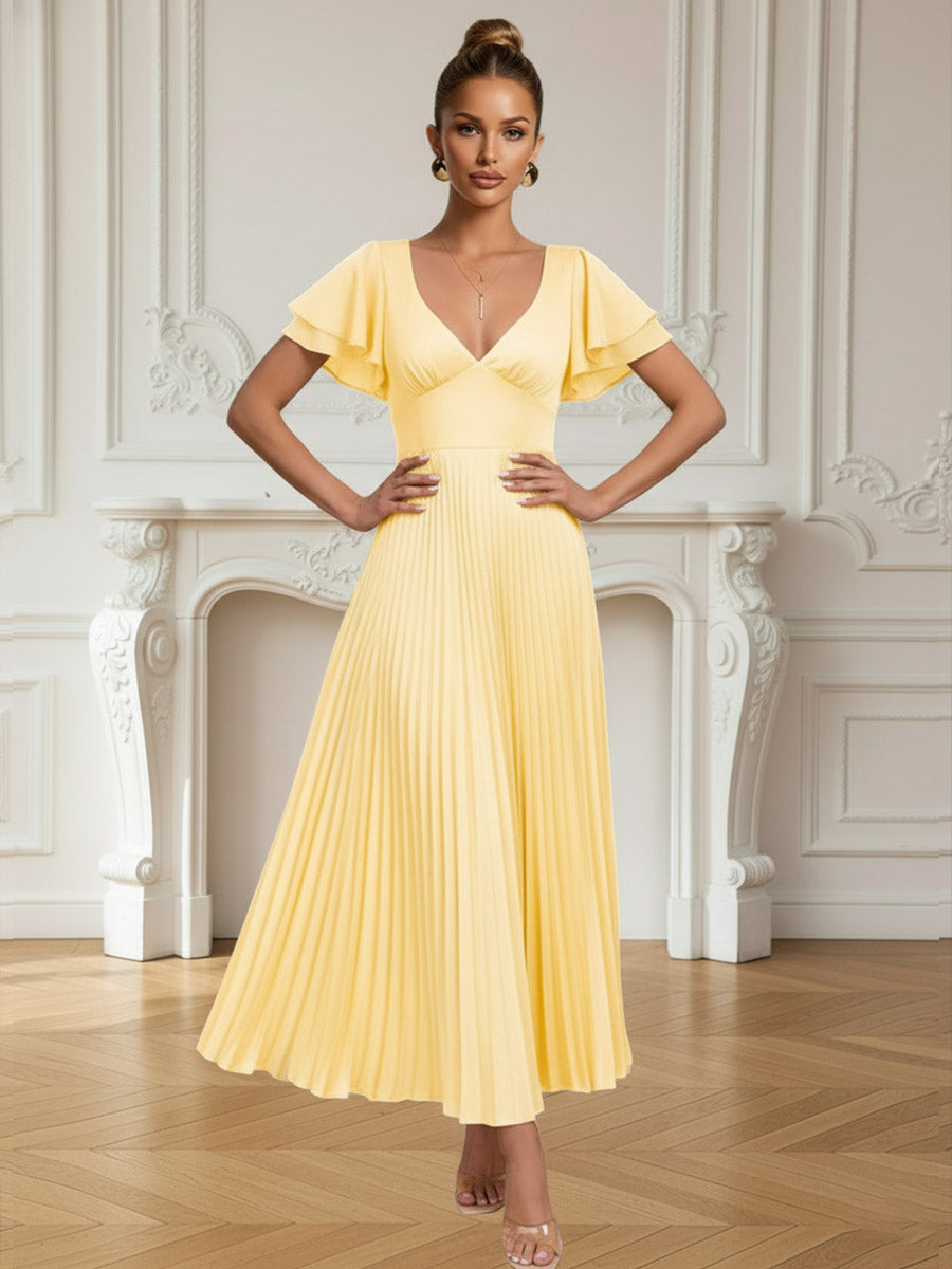 A-Line/Princess Ruffle Sleeve Pleated Satin Floor-Length Prom Dresses