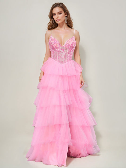 A-Line/Princess Spaghetti Straps Floor-Length Prom Dresses with Lace Appliques & Tiered Ruffles