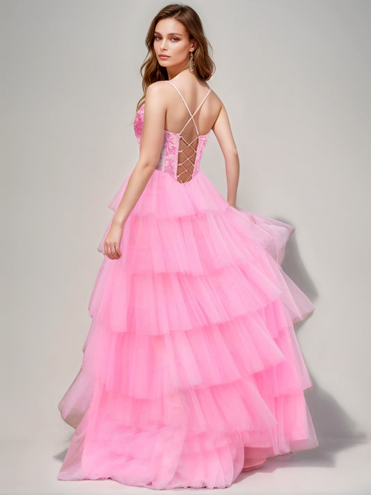 A-Line/Princess Spaghetti Straps Floor-Length Prom Dresses with Lace Appliques & Tiered Ruffles