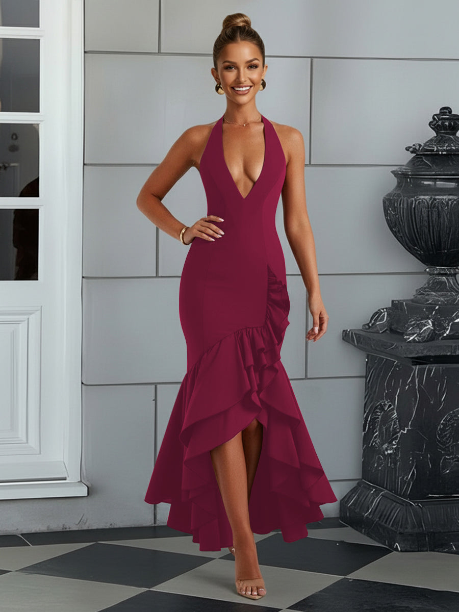 Bodycon Halter Hi-Lo Long Prom Dresses with Ruffle Slit