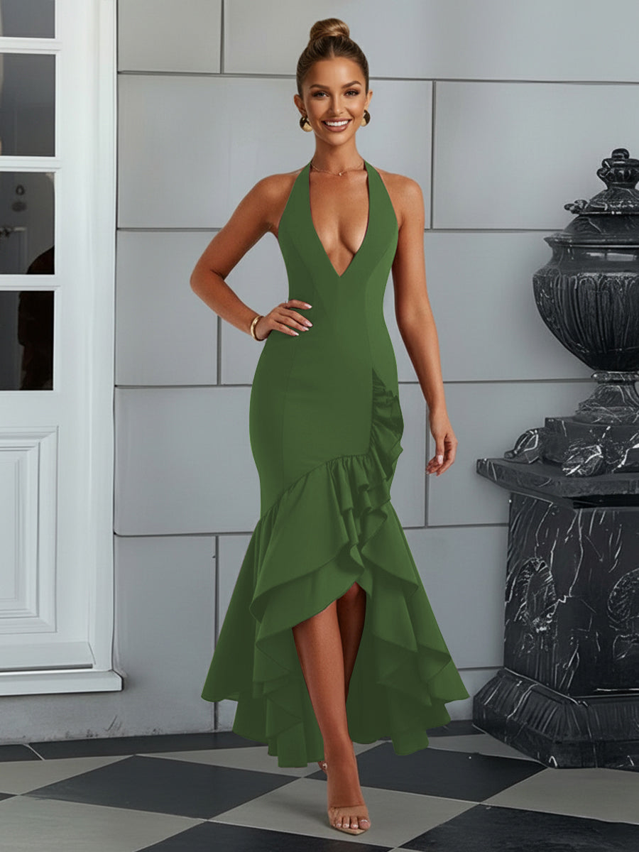 Bodycon Halter Hi-Lo Long Prom Dresses with Ruffle Slit