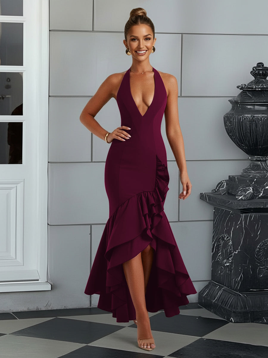 Bodycon Halter Hi-Lo Long Prom Dresses with Ruffle Slit