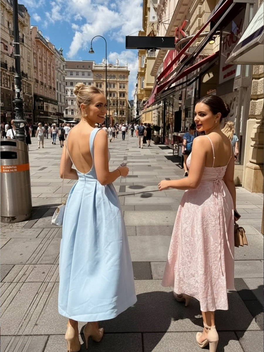 Y2K Spaghetti Strap Midi Prom Dresses with Floral Jacquard