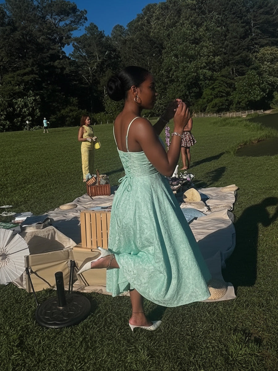 Y2K Spaghetti Strap Midi Prom Dresses with Floral Jacquard