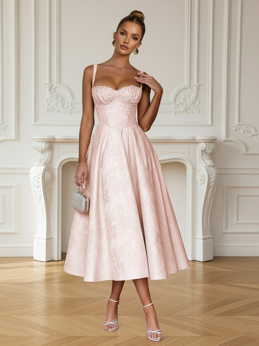 Y2K Spaghetti Strap Midi Prom Dresses with Floral Jacquard