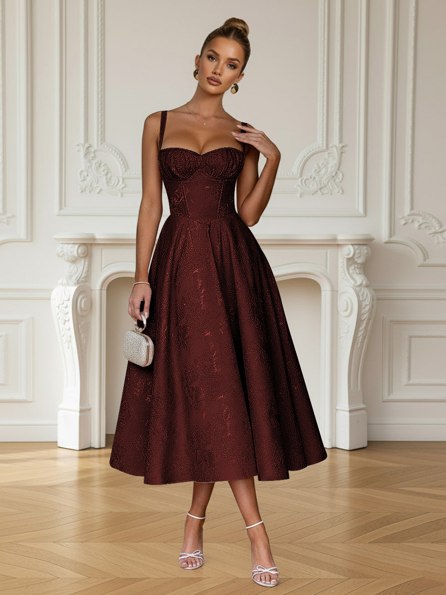 Y2K Spaghetti Strap Midi Prom Dresses with Floral Jacquard