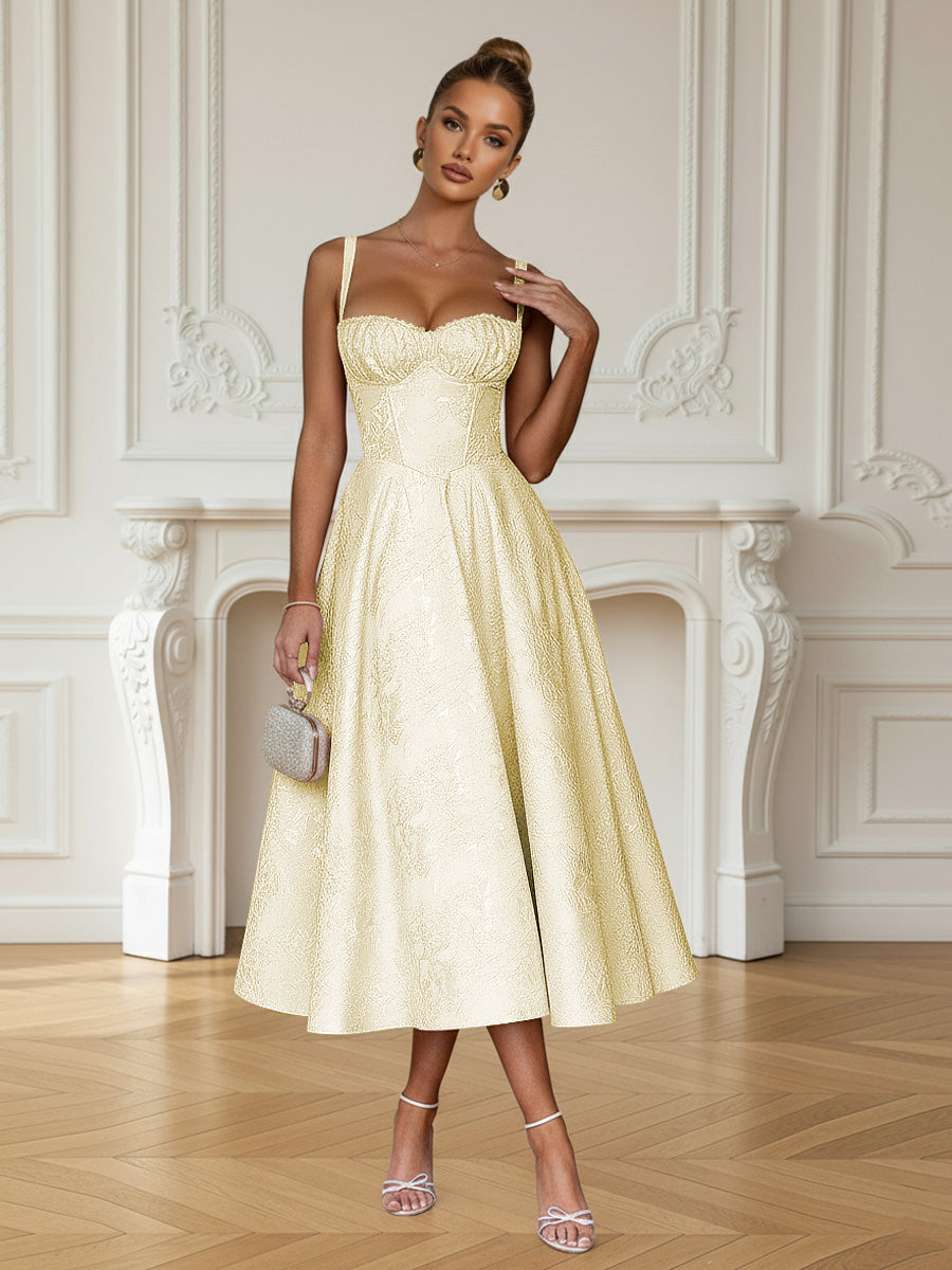 Y2K Spaghetti Strap Midi Prom Dresses with Floral Jacquard