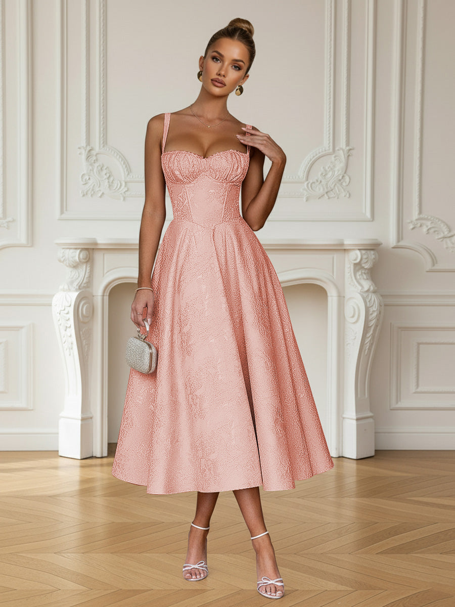 Y2K Spaghetti Strap Midi Prom Dresses with Floral Jacquard