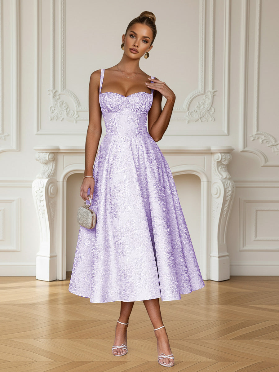 Y2K Spaghetti Strap Midi Prom Dresses with Floral Jacquard