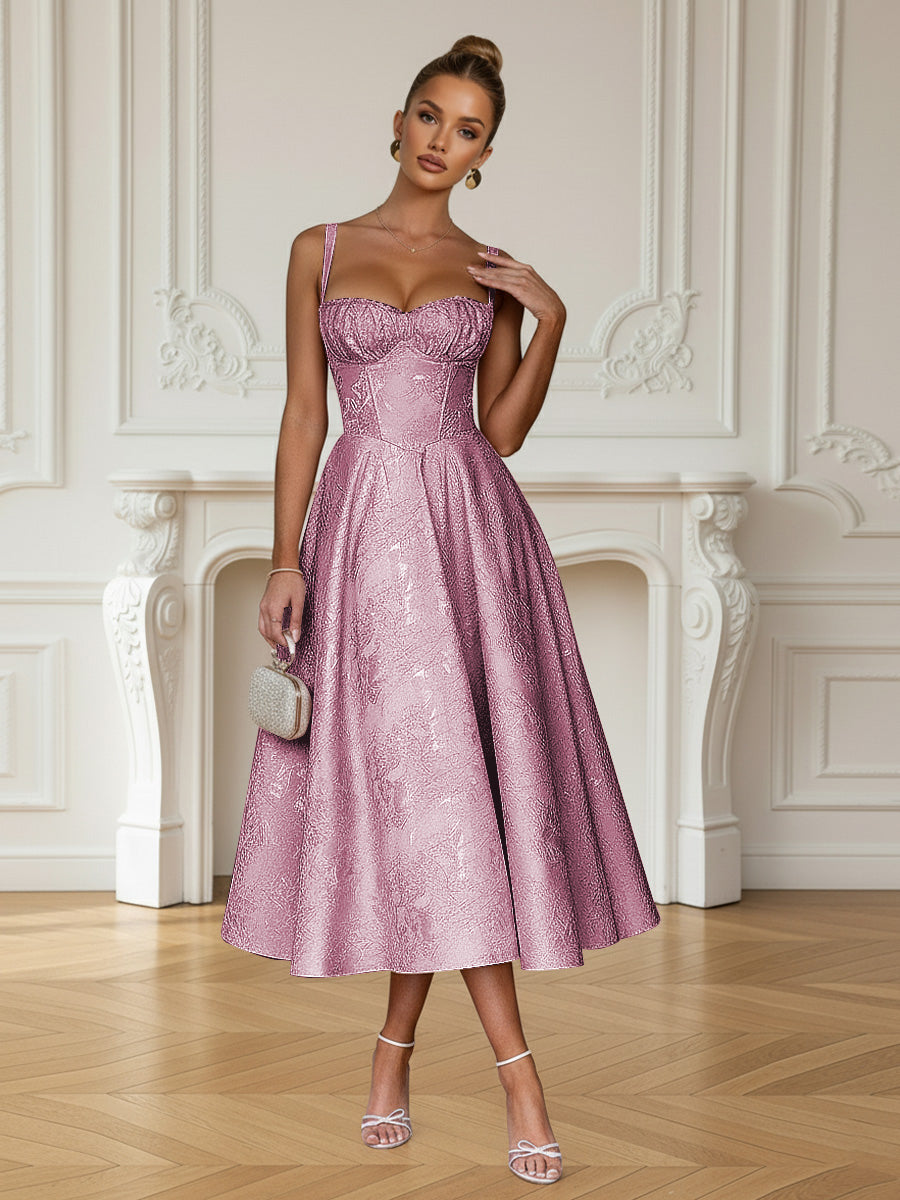 Y2K Spaghetti Strap Midi Prom Dresses with Floral Jacquard