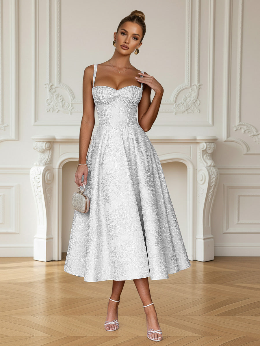 Y2K Spaghetti Strap Midi Prom Dresses with Floral Jacquard