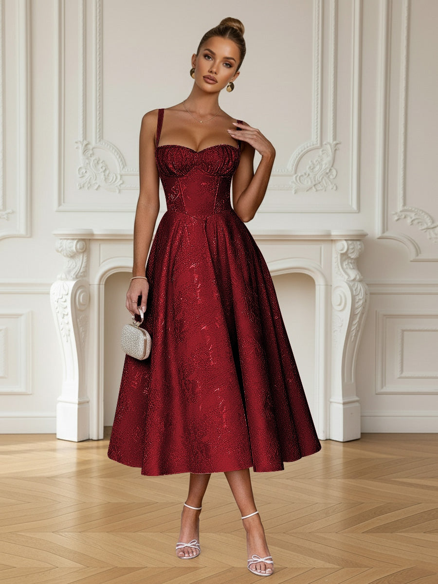 Y2K Spaghetti Strap Midi Prom Dresses with Floral Jacquard